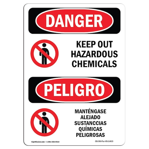 Safety Sign, OSHA Danger, 5" Height, Keep Out Hazardous Chemicals Spanish, 10PK